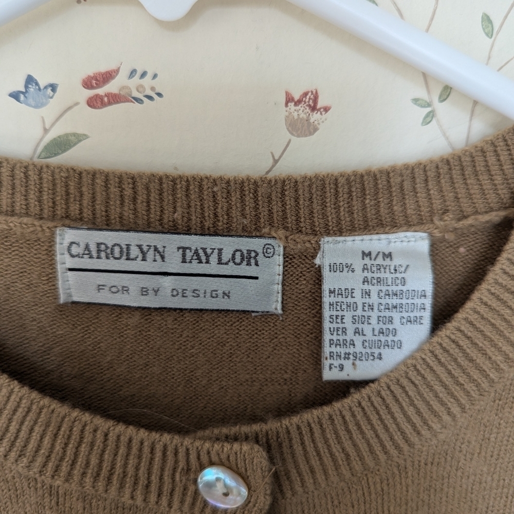 Vintage Carolyn Taylor Cardigan M Mocha Tan Shell Buttons Sweater Gramma Core - Picture 3 of 10